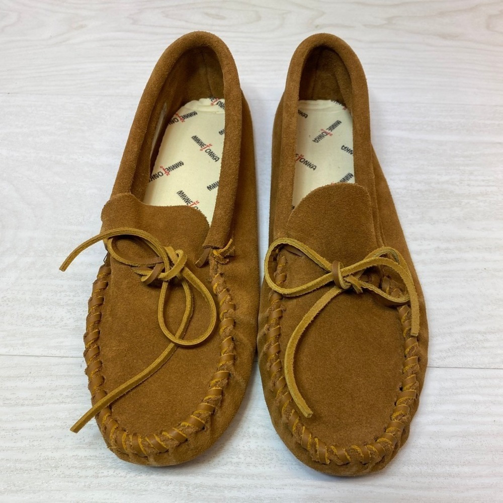 Minnetonka Men 9 Moccasin Softsole Loafer Tan Brown Suede Whipstitch 703 Slipper
